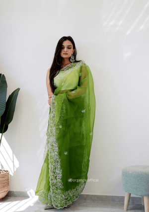 Parrot Green Colour Embroidery Thread Work Saree - Orgenza Store - digisoch
