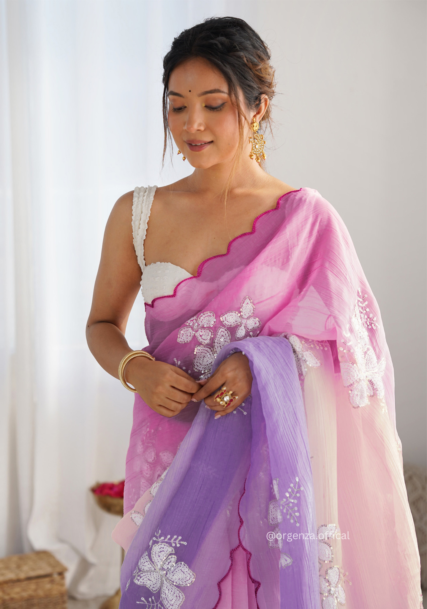 Pink Lavender Gold Crush Silk Saree