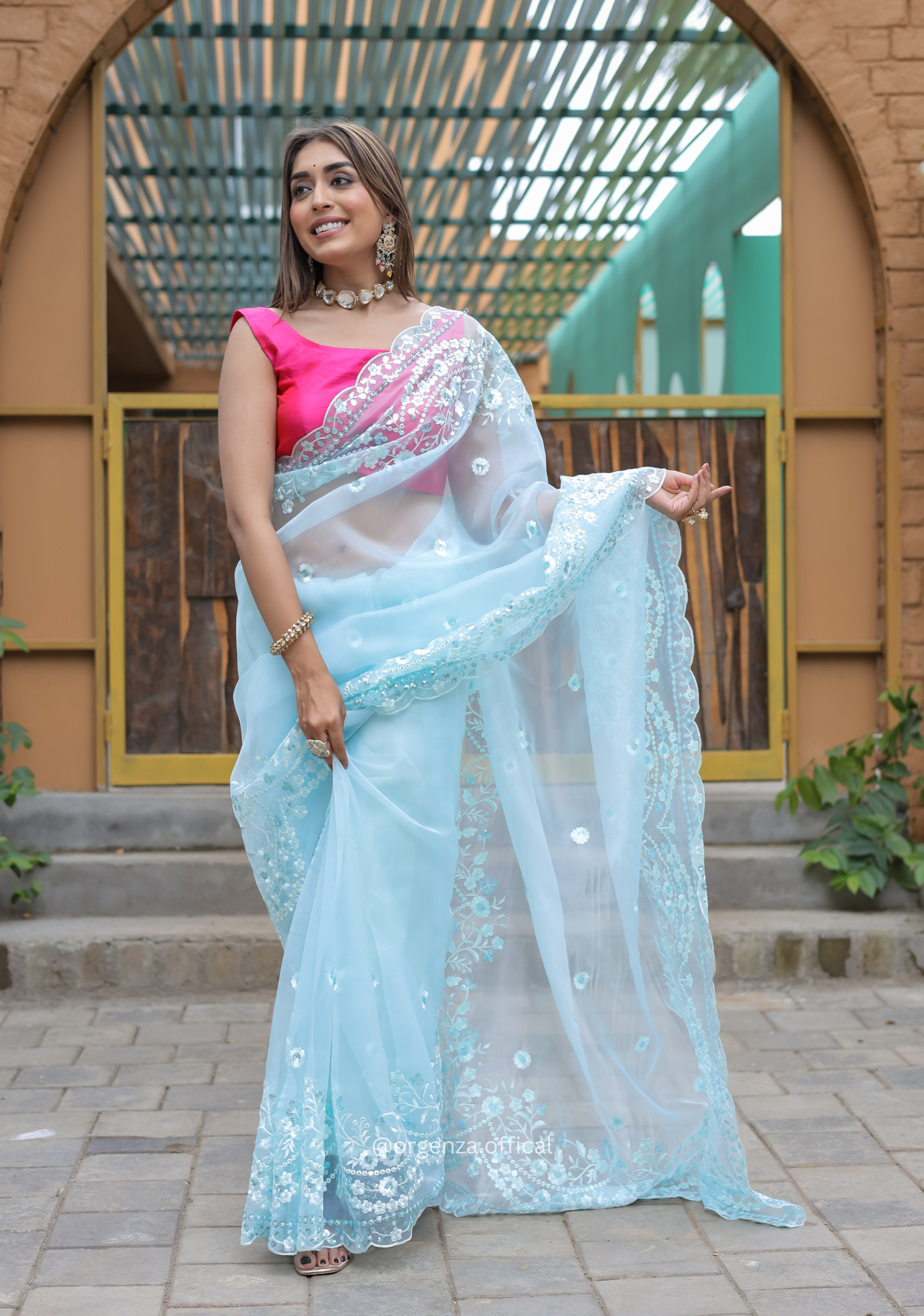 Sky Blue Soft Organza Saree With Sequence Work - Orgenza Store