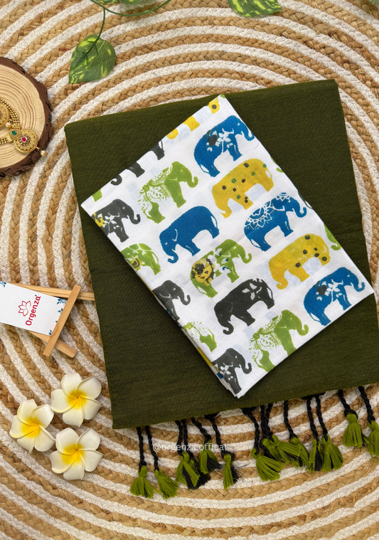 Dark Mehendi Green Colour Cotton Saree With Multi Elephant Print Blouse