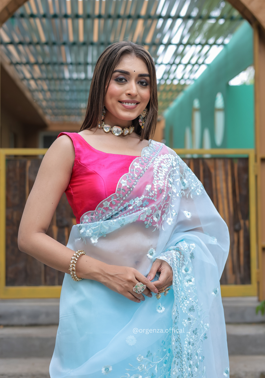 Sky Blue Soft Organza Saree With Sequence Work - Orgenza Store