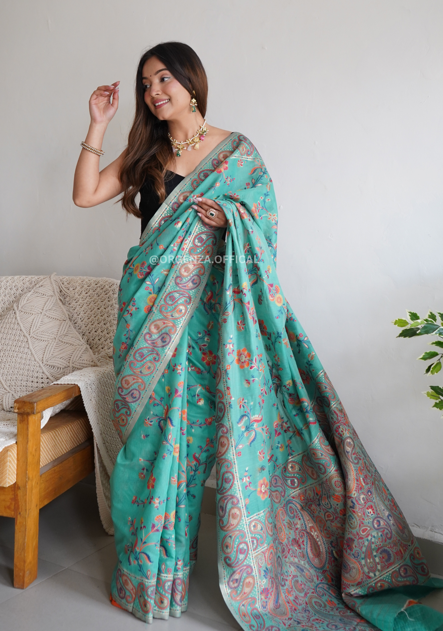 Pure Pashmina Kachi Weaving Kashmiri Silk Saree - Orgenza Store