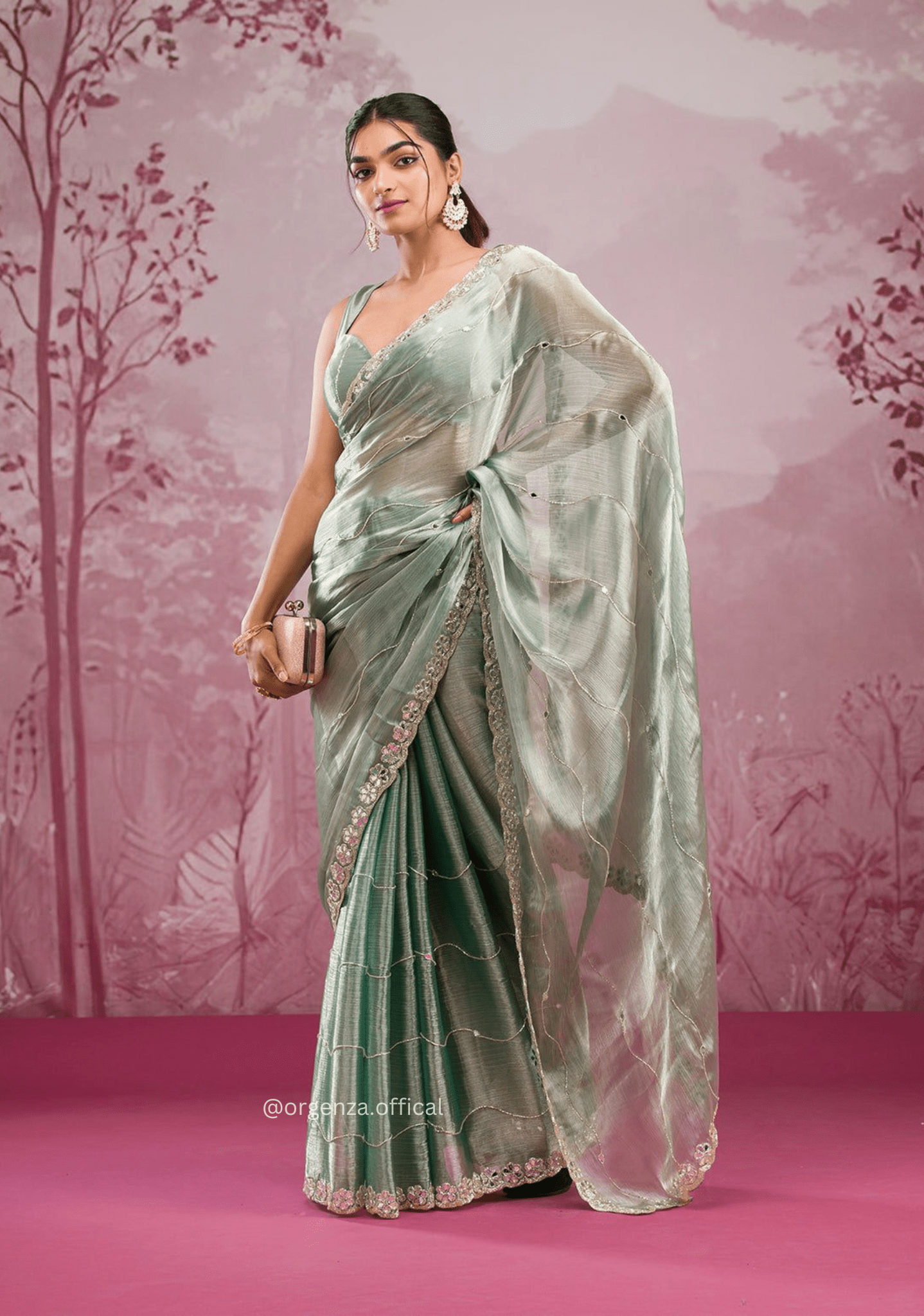 Pista Green Colour Jimmy Choo Saree With Mirror Work - Orgenza Store - digisoch