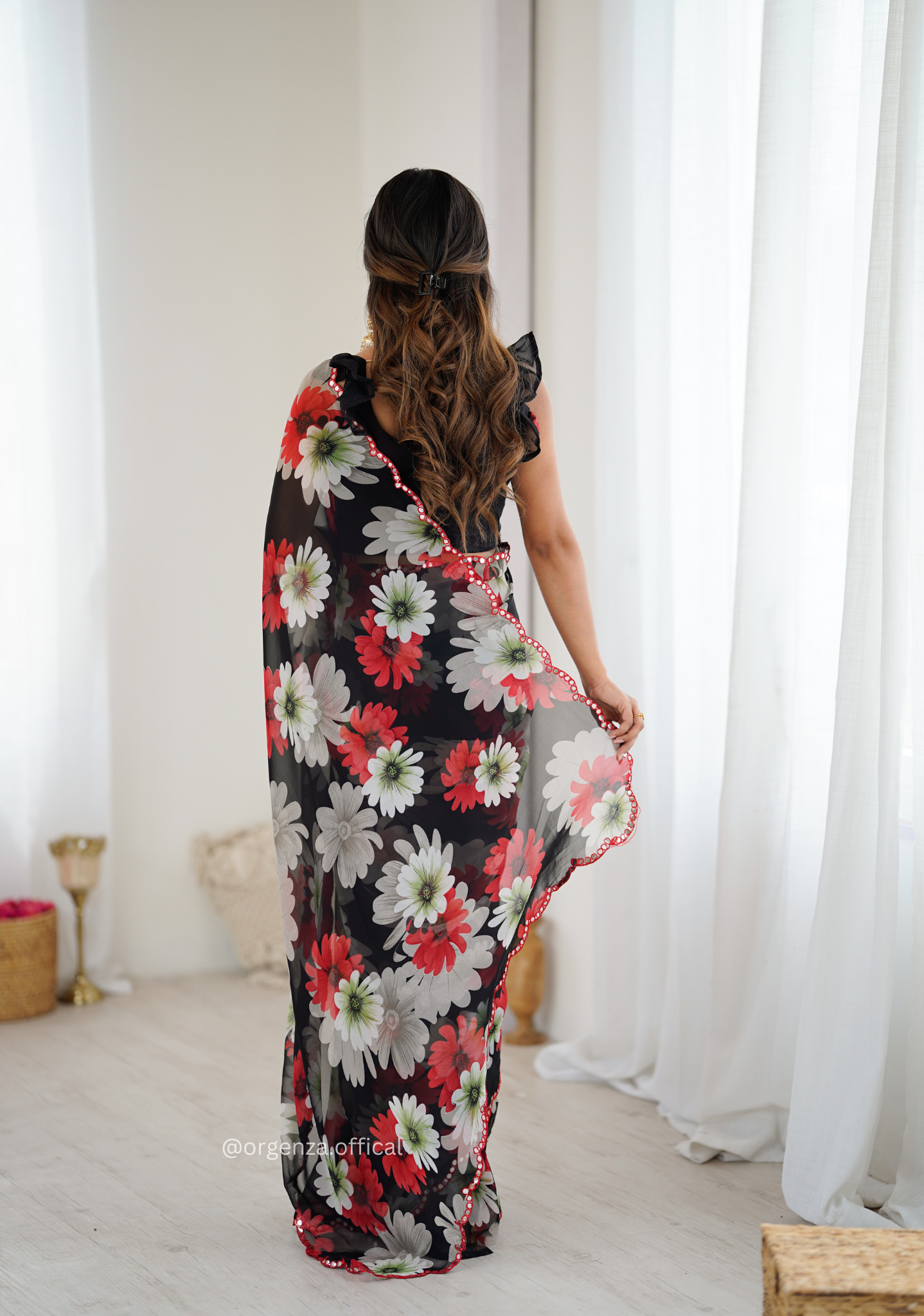 Black Colour Georgette Printed Mirror Saree