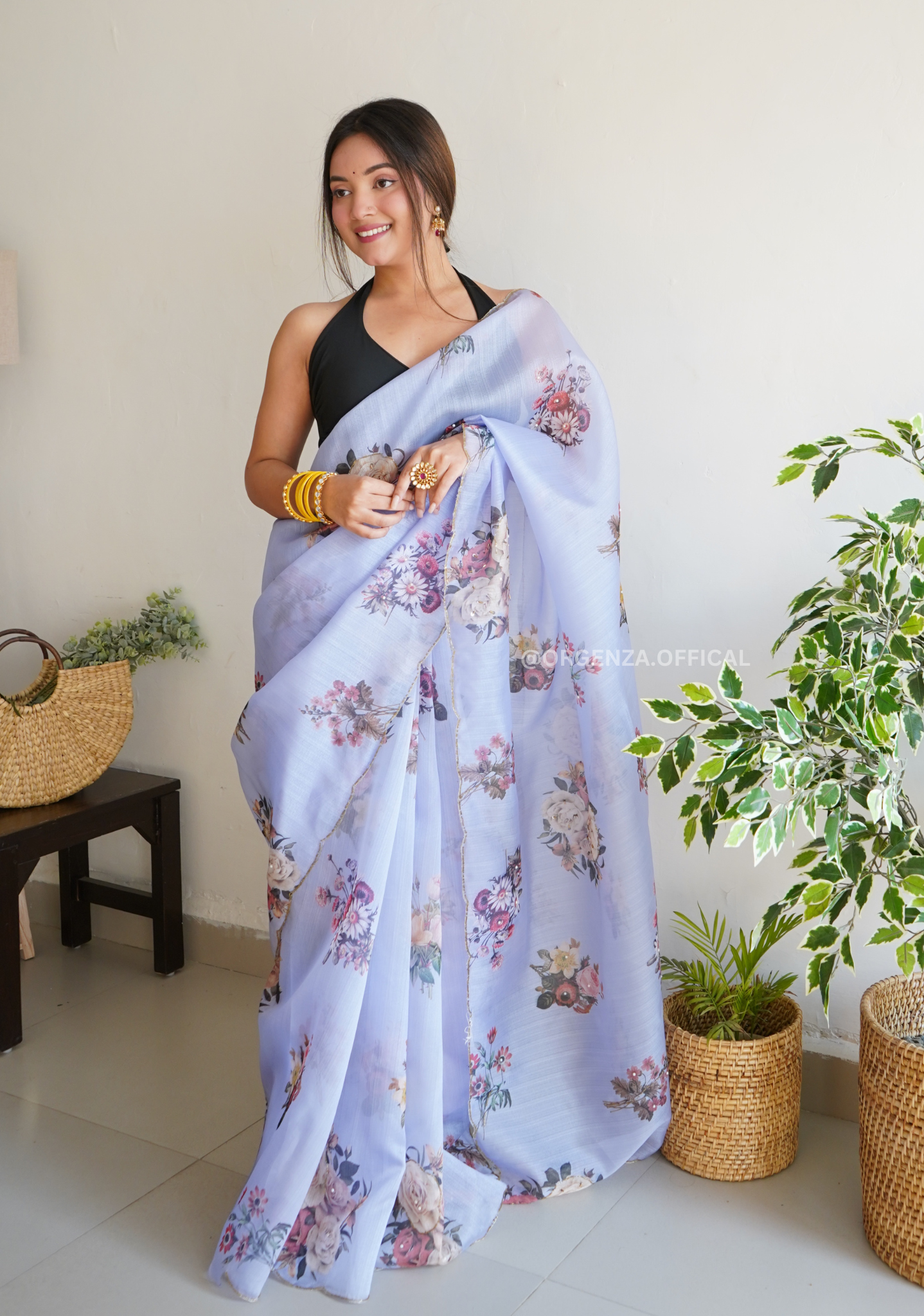 Light Blue Organza Saree With Handwork - Orgenza Store