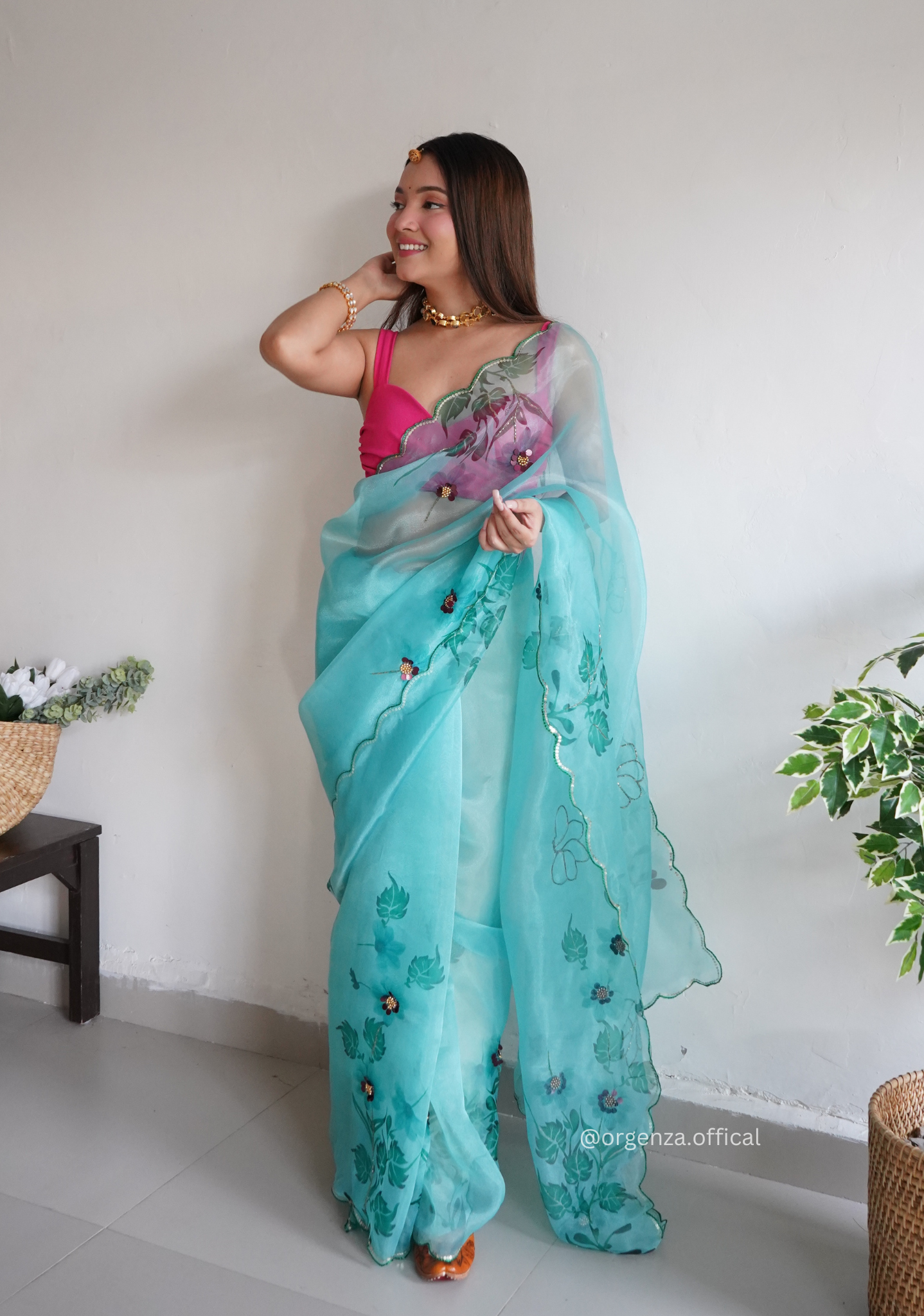 Sky Colour Organza Saree With Handwork