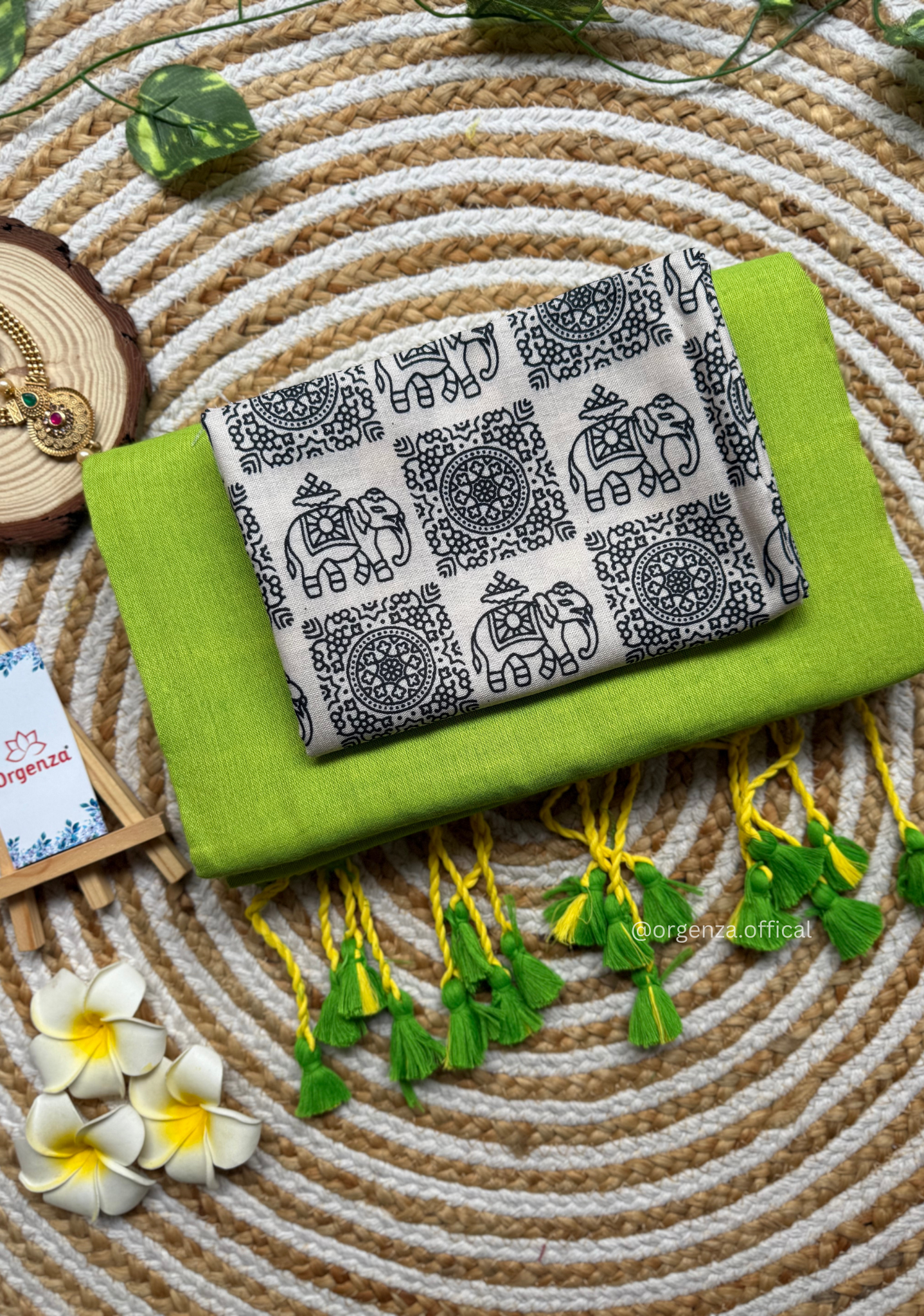 Pista Green Colour Cotton Saree With White Elephant Print Blouse