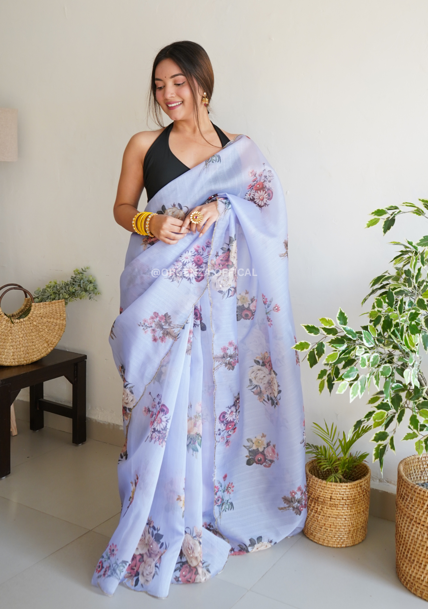 Light Blue Organza Saree With Handwork - Orgenza Store