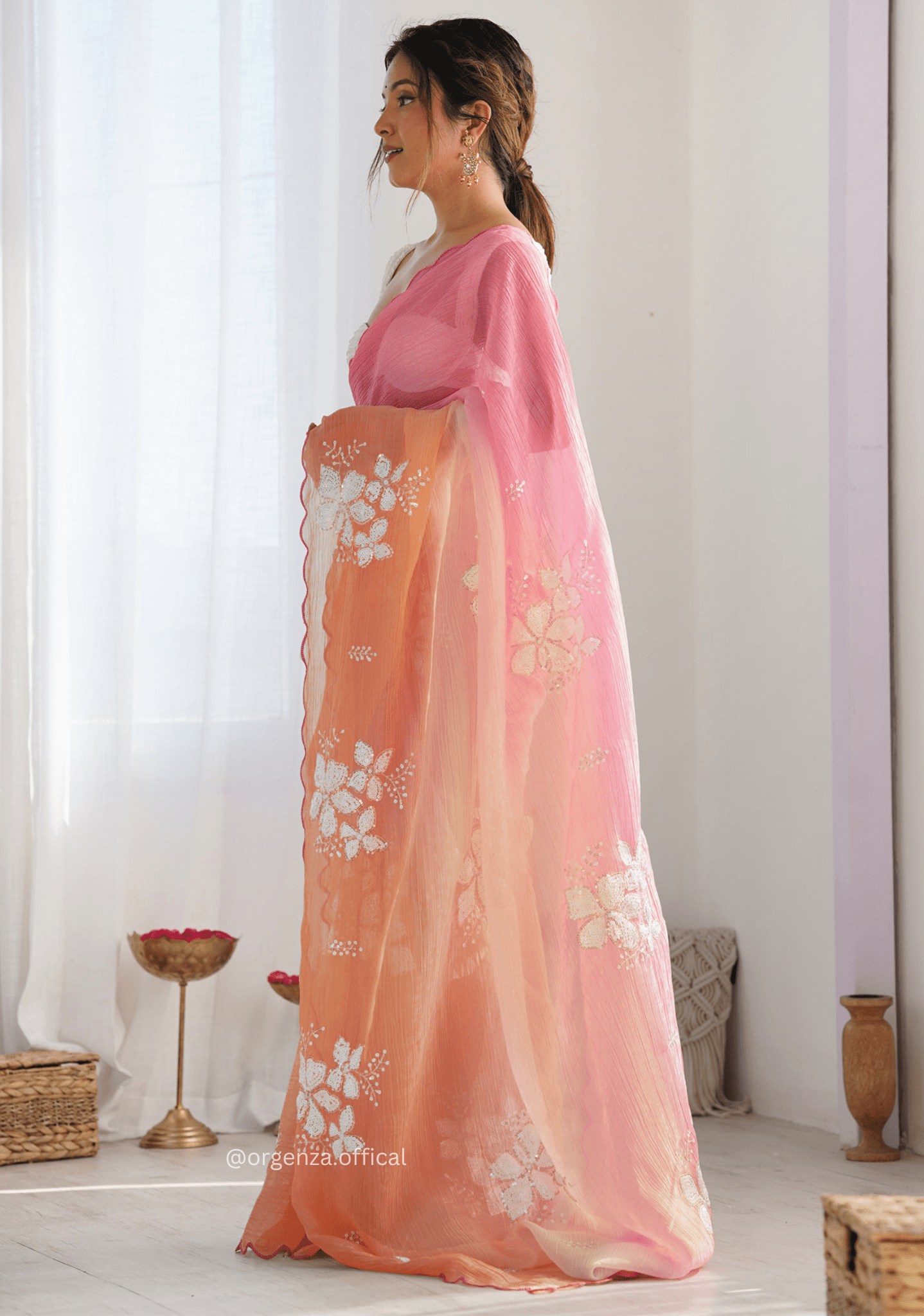 Pink Orange Gold Crush Silk Saree