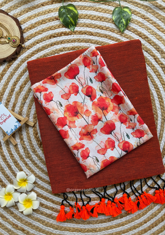 Orange Colour Cotton Saree With Tulip Print Blouse