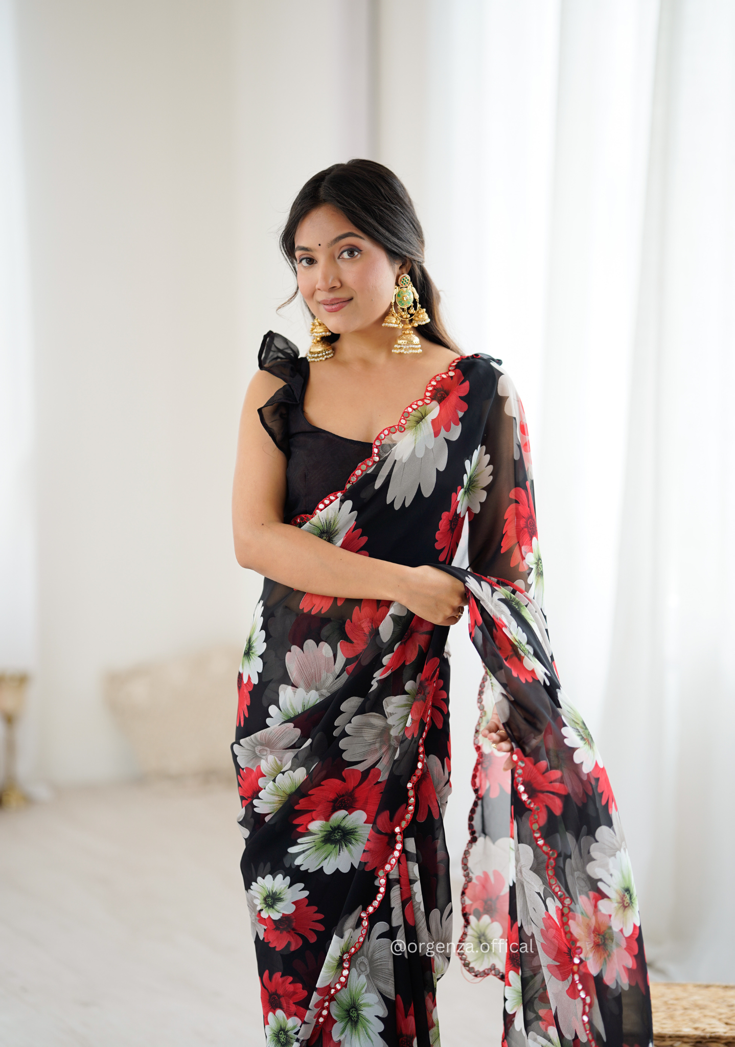 Black Colour Georgette Printed Mirror Saree