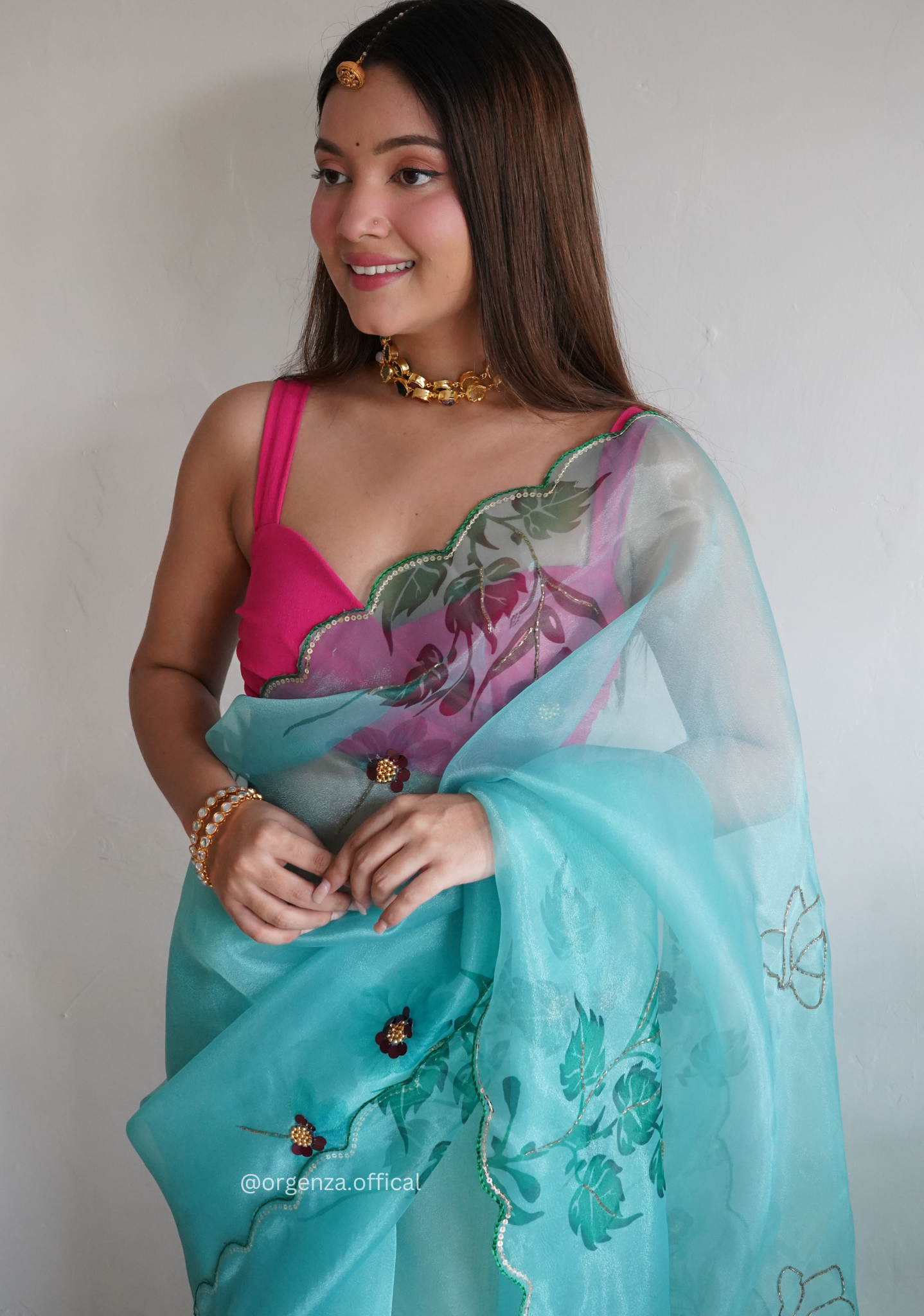 Sky Colour Organza Saree With Handwork