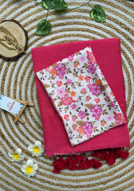 Pink Colour Cotton Saree With White Pink Flower Print Blouse