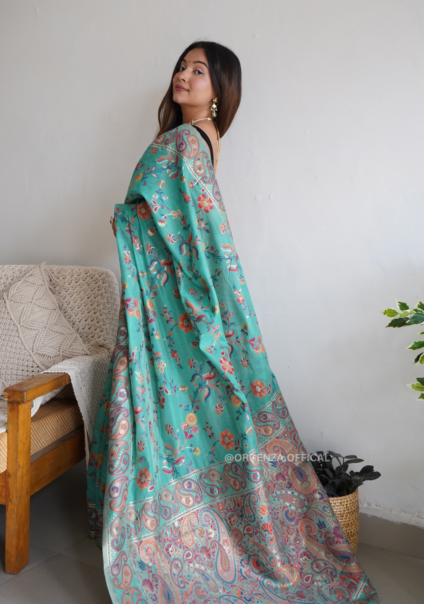 Pure Pashmina Kachi Weaving Kashmiri Silk Saree - Orgenza Store