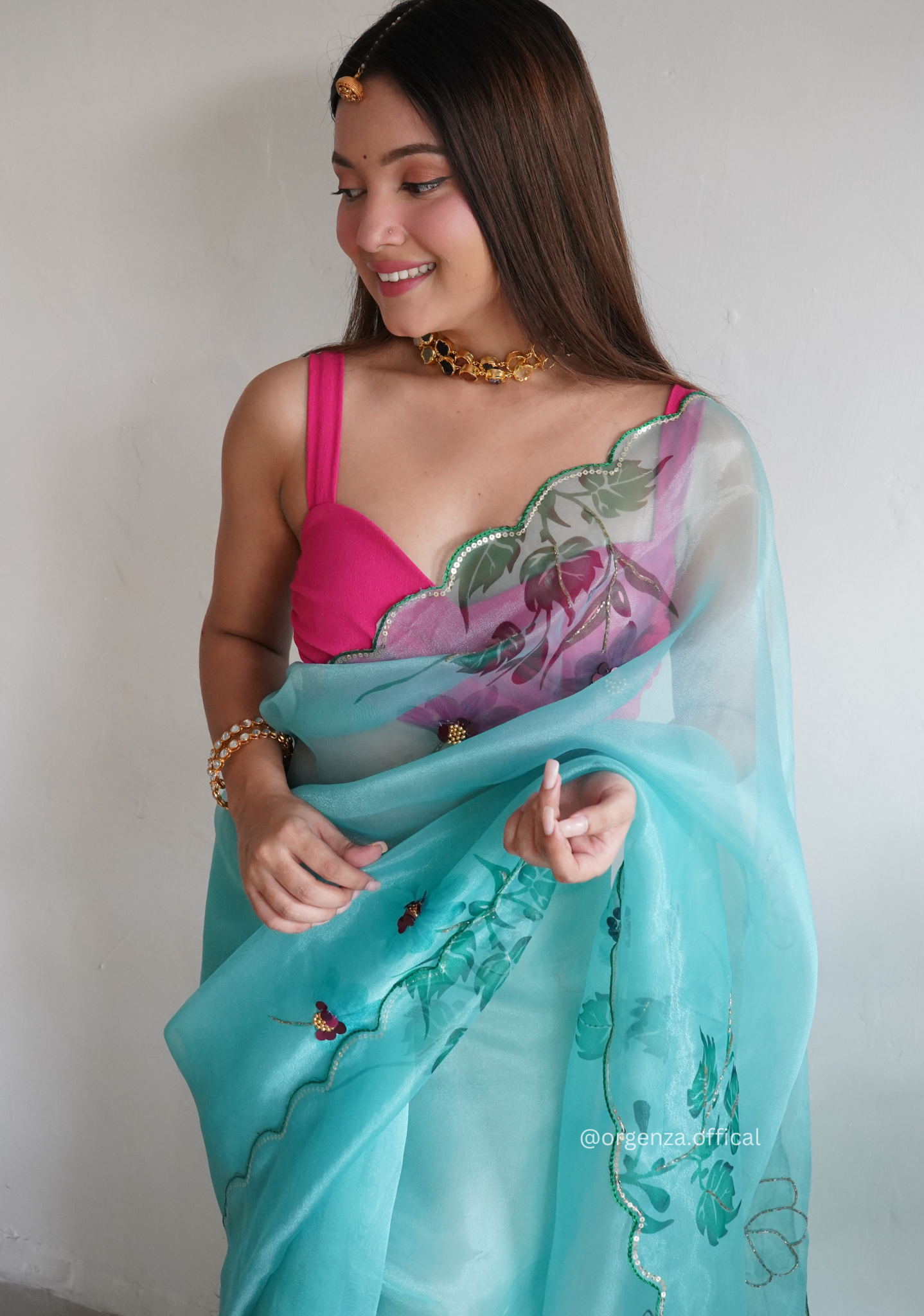 Sky Colour Organza Saree With Handwork