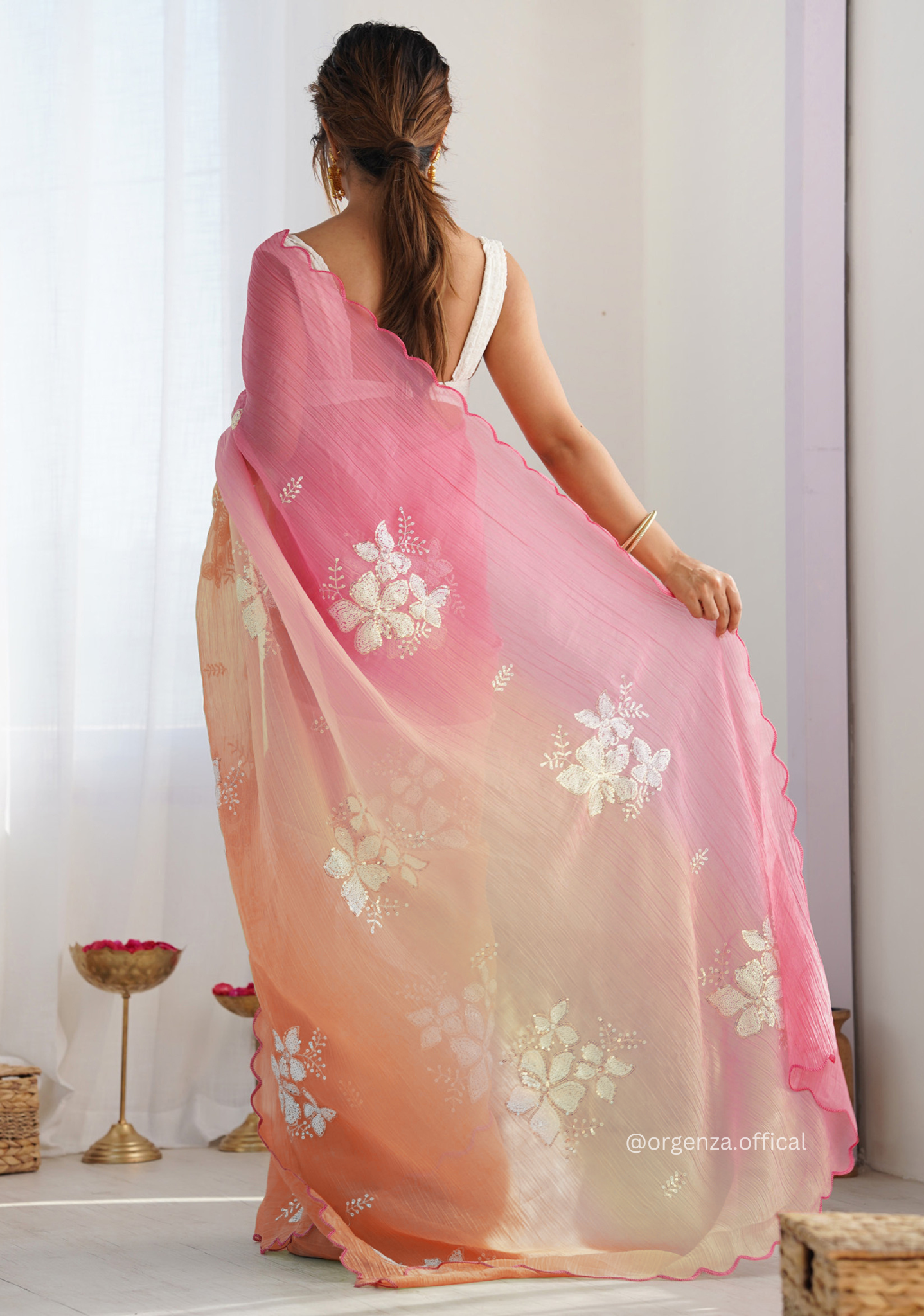 Pink Orange Gold Crush Silk Saree
