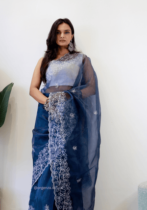 Dark Blue Colour Embroidery Thread Work Saree - Orgenza Store - digisoch