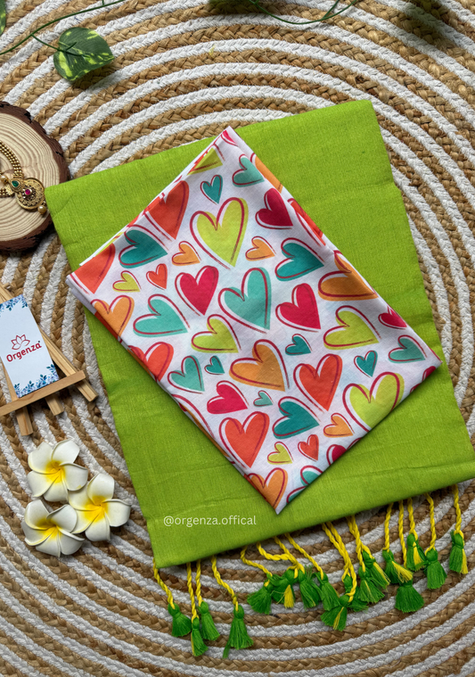 Parrot Green Colour Cotton Saree With Heart Print Blouse