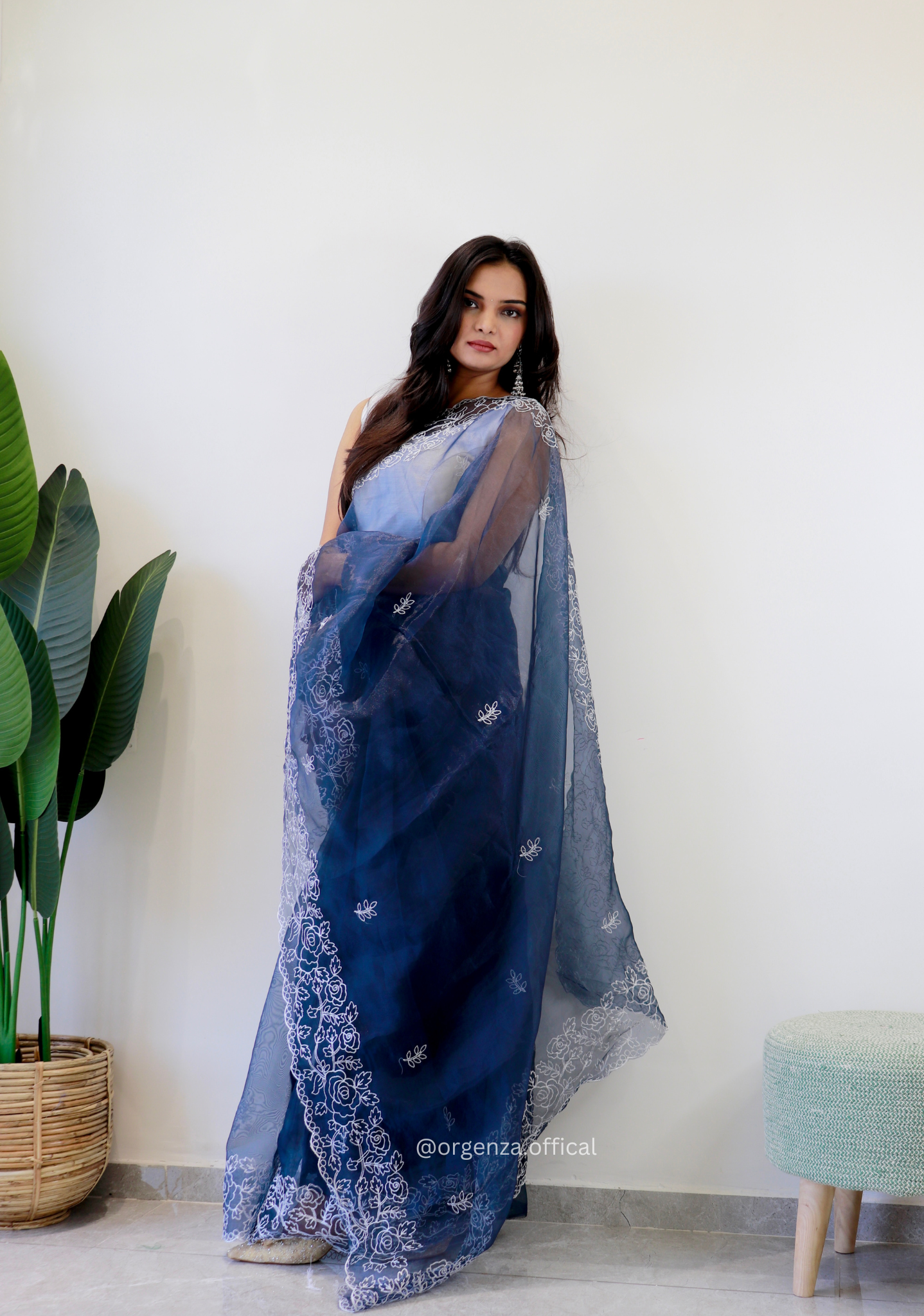 Dark Blue Colour Embroidery Thread Work Saree - Orgenza Store