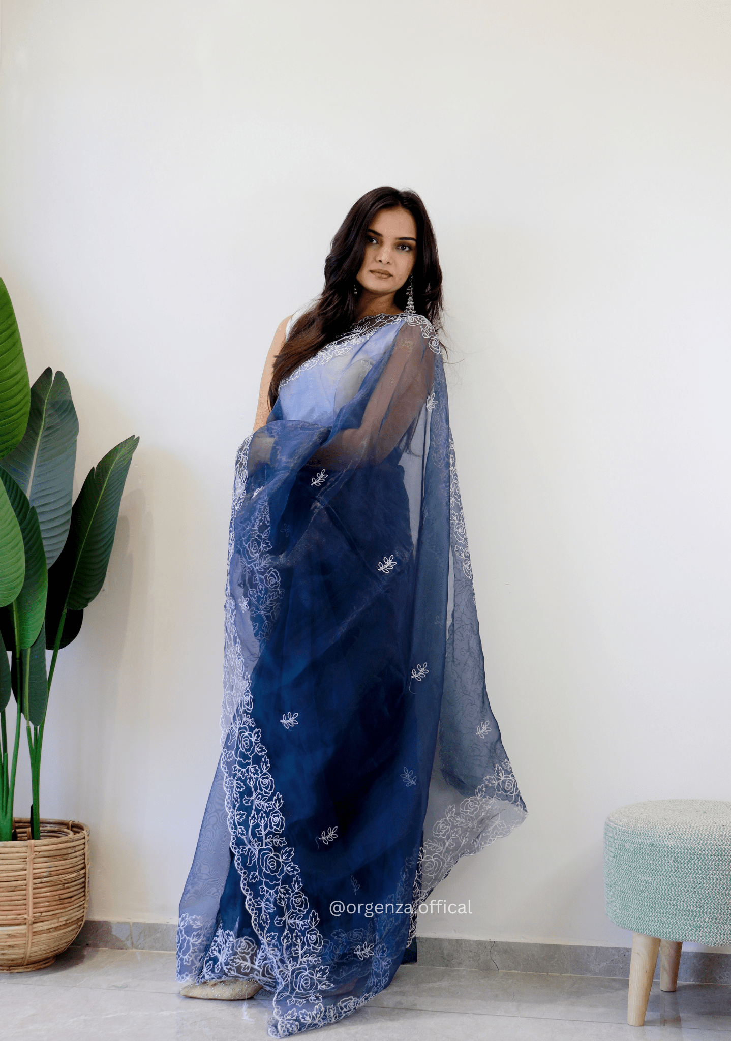 Dark Blue Colour Embroidery Thread Work Saree - Orgenza Store