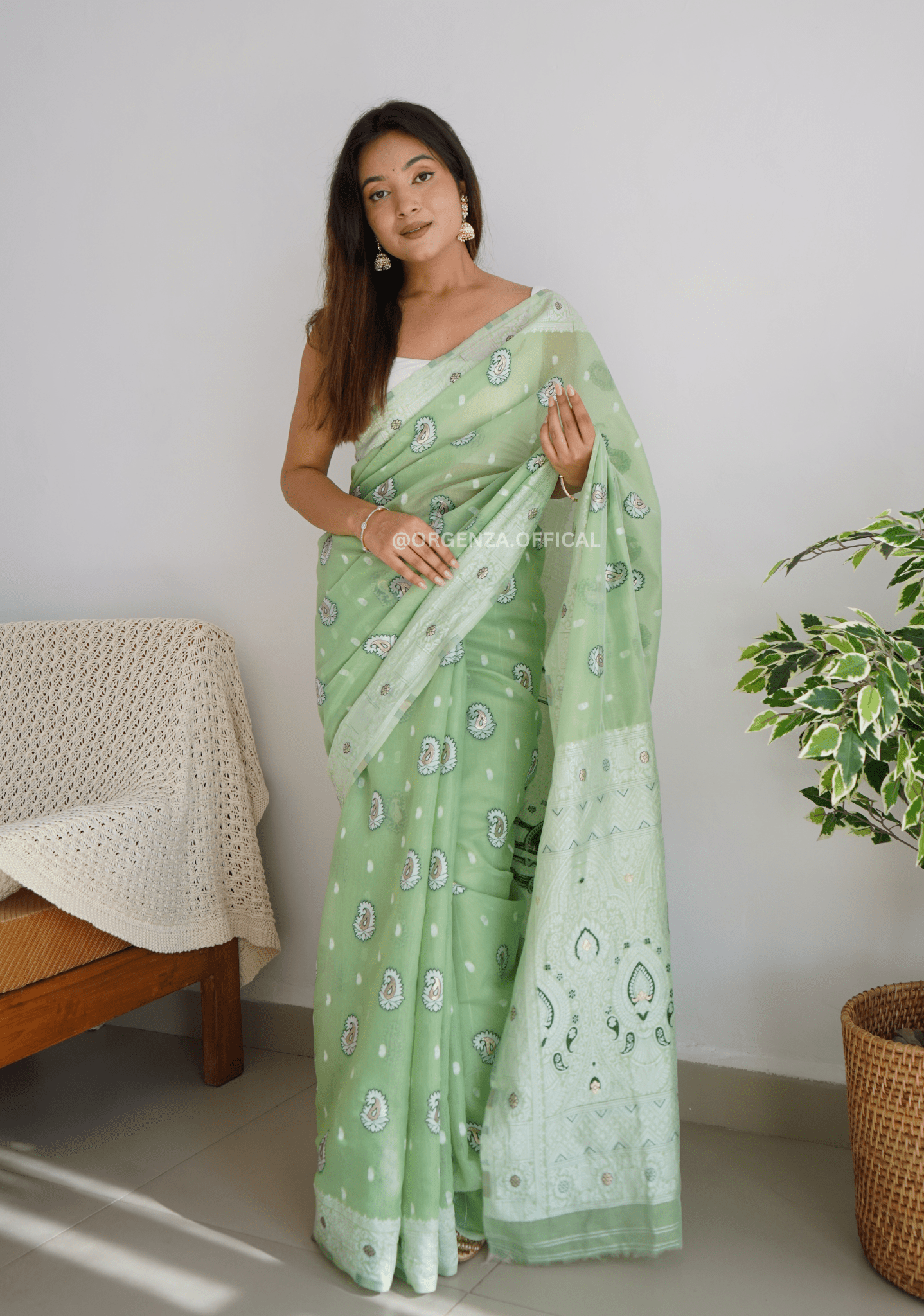 Pista Green Span Linen Silk Saree - Orgenza Store - digisoch