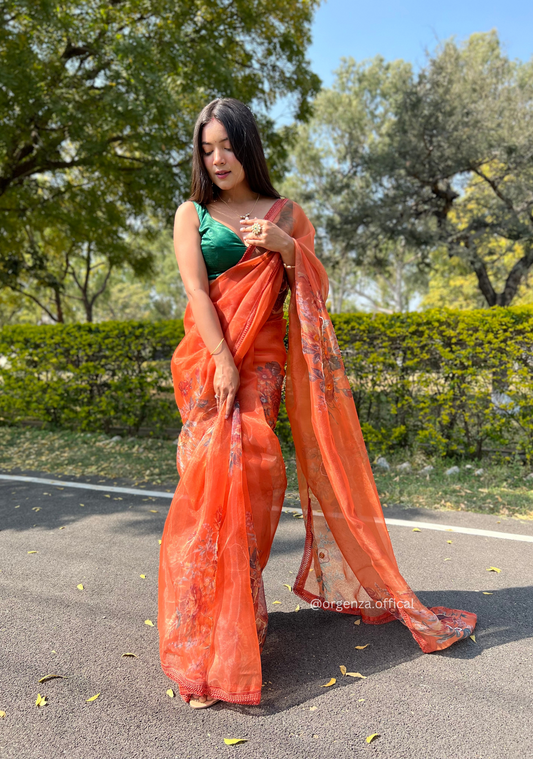 Orange Colour Organza Saree With Handwork