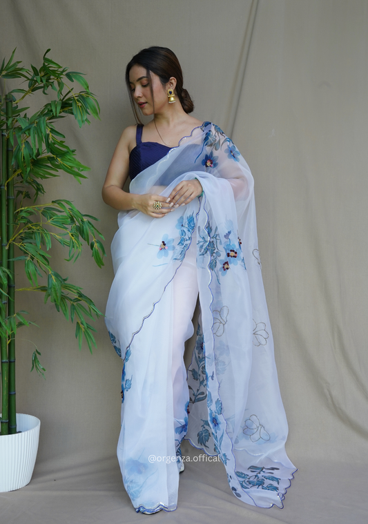 White Colour Organza Saree With Handwork
