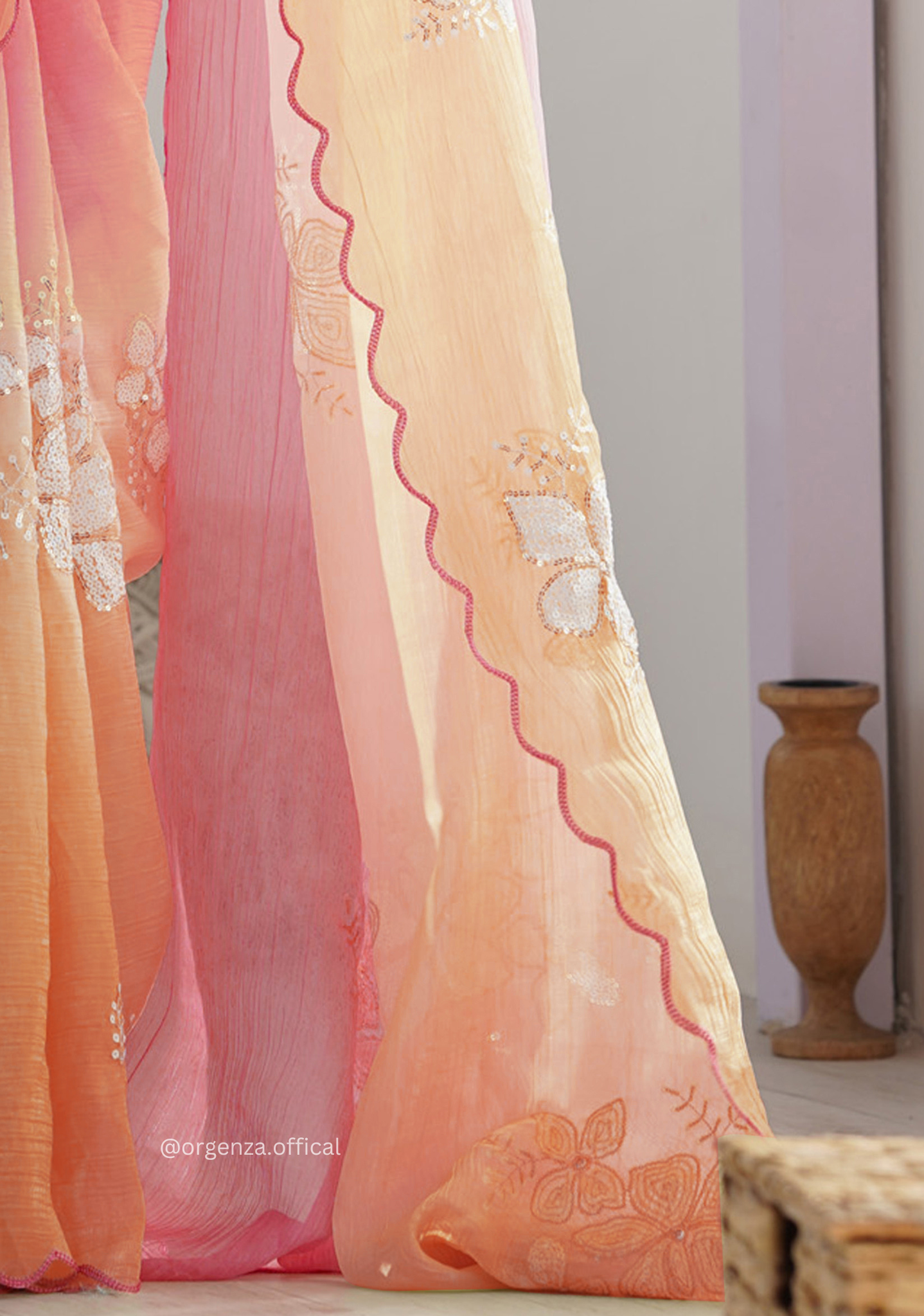Pink Orange Gold Crush Silk Saree