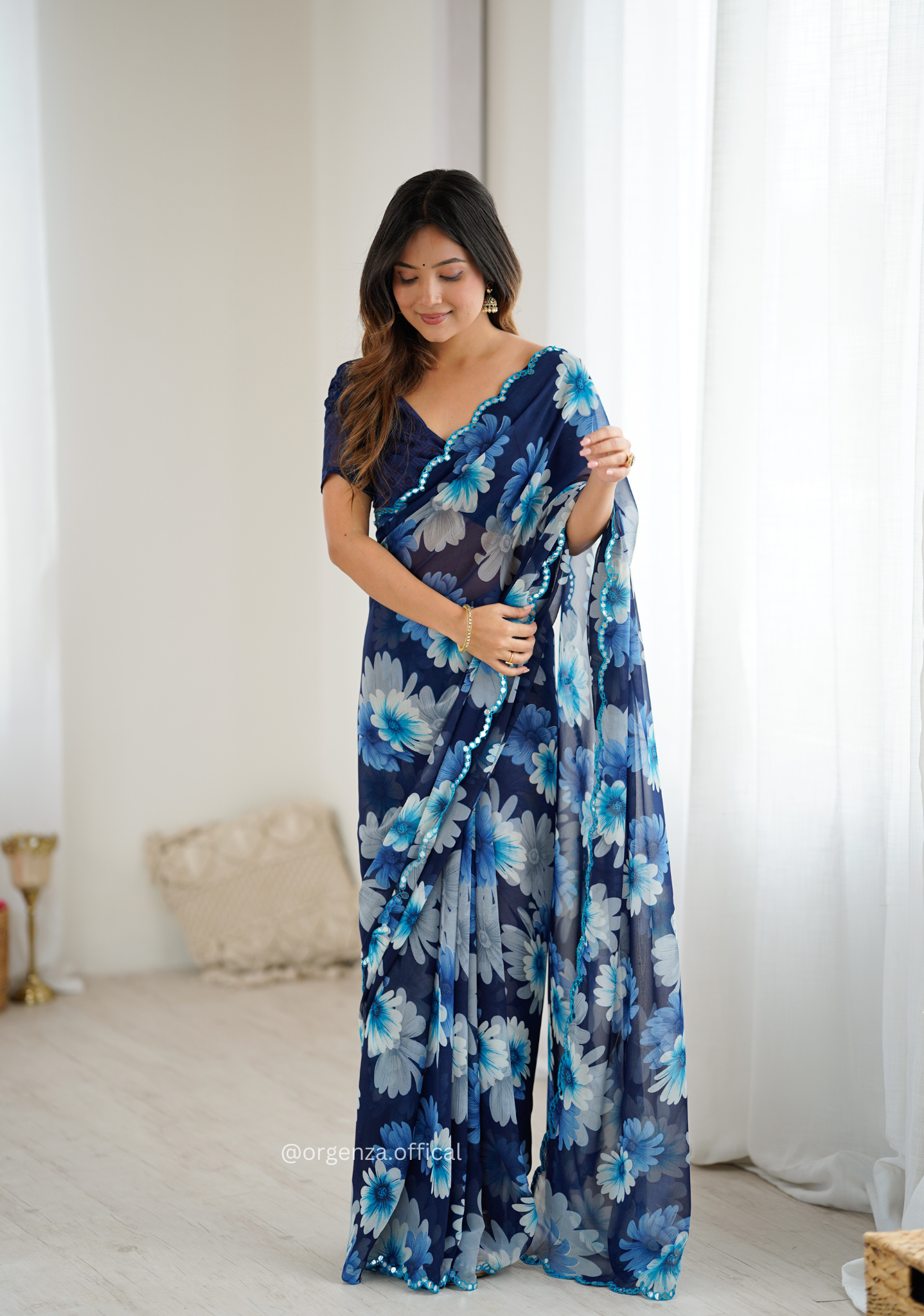 Blue Colour Georgette Printed Mirror Saree