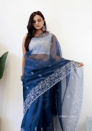 Dark Blue Colour Embroidery Thread Work Saree - Orgenza Store - digisoch