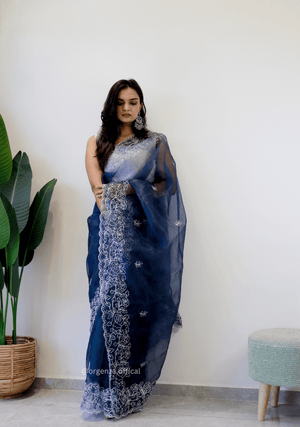 Dark Blue Colour Embroidery Thread Work Saree - Orgenza Store - digisoch