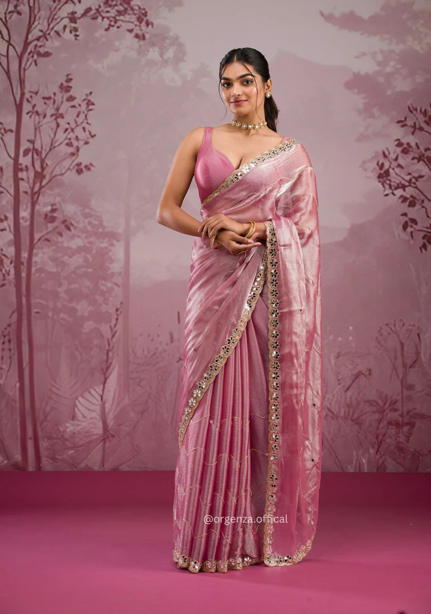 Baby Pink Colour Jimmy Choo Saree With Mirror Work - Orgenza Store