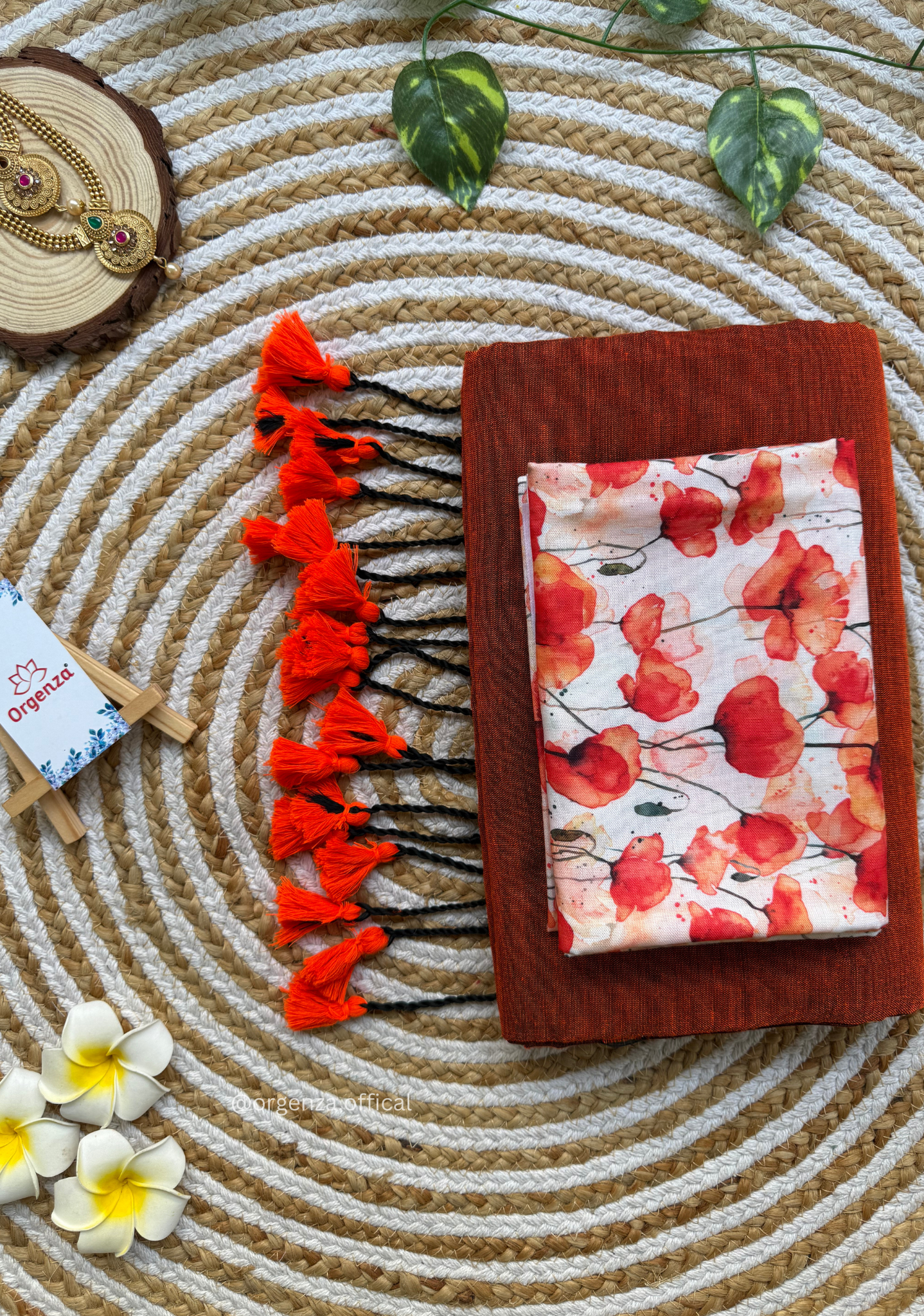 Orange Colour Cotton Saree With Tulip Print Blouse