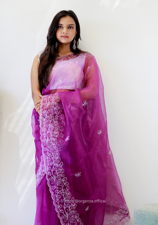 Lavender Colour Embroidery Thread Work Saree - Orgenza Store