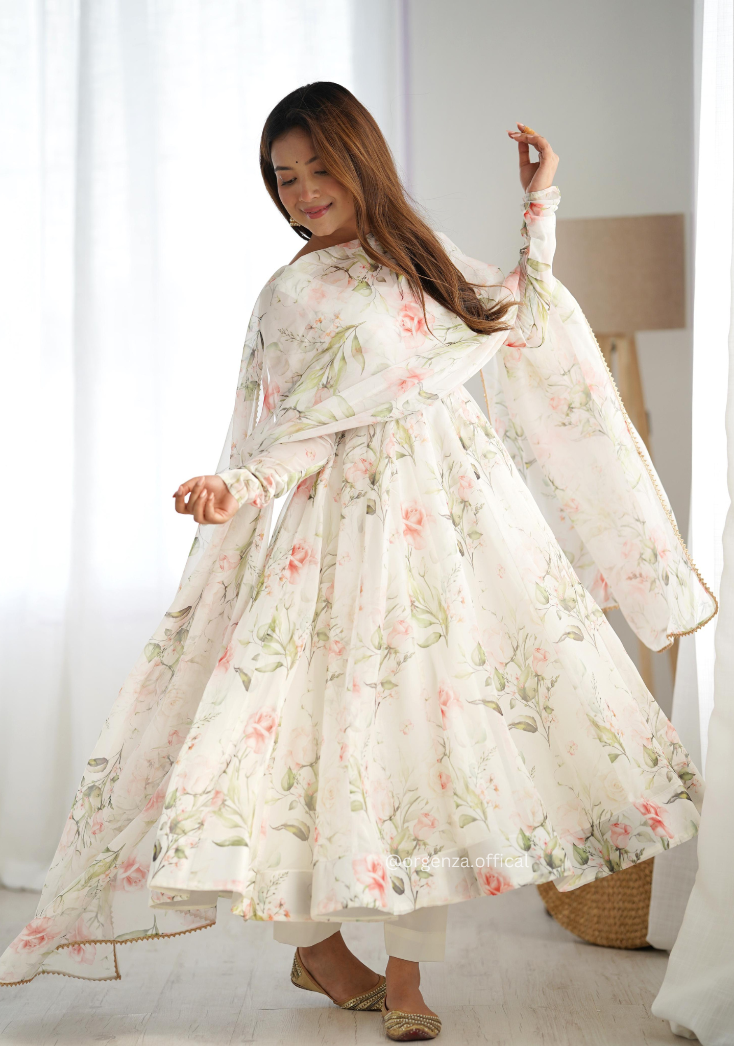 Pure Organza Cream Colour Silk Print Kurti - Orgenza Store