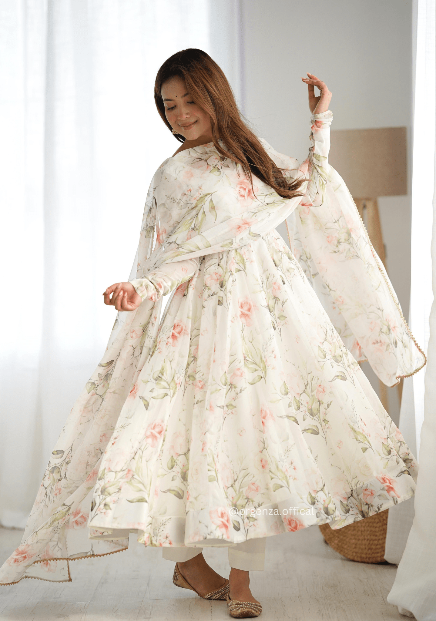 Pure Organza Cream Colour Silk Print Kurti - Orgenza Store