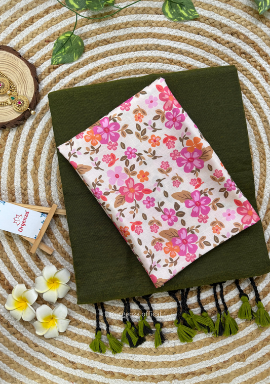 Dark Mehendi Green Colour Cotton Saree With Multi Flower Print Blouse