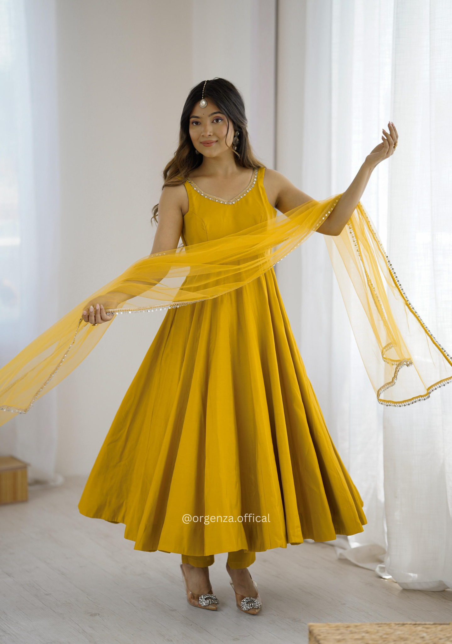 Yellow Colour Roman Silk Chanderi Plain Anarkali Kurti