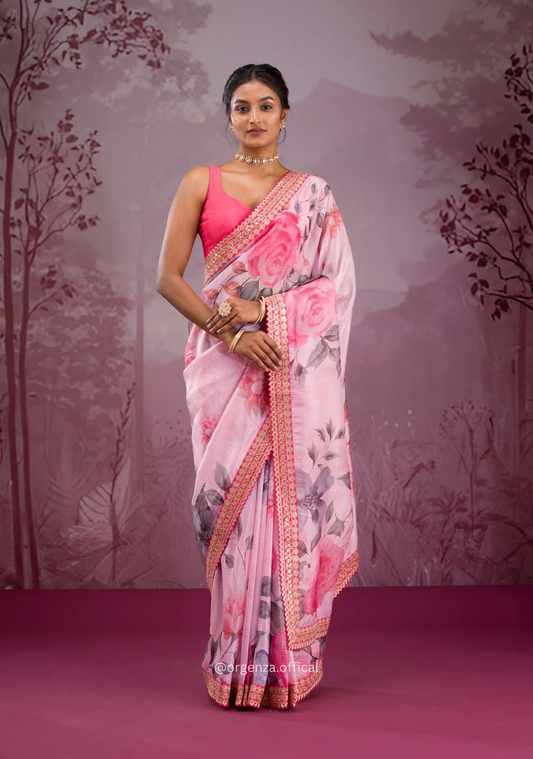 Pink Colour Chinnon Silk Saree