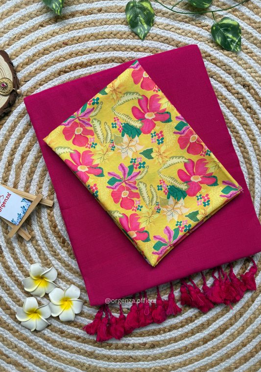 Pink Colour Cotton Saree With Pink Flower Print Blouse