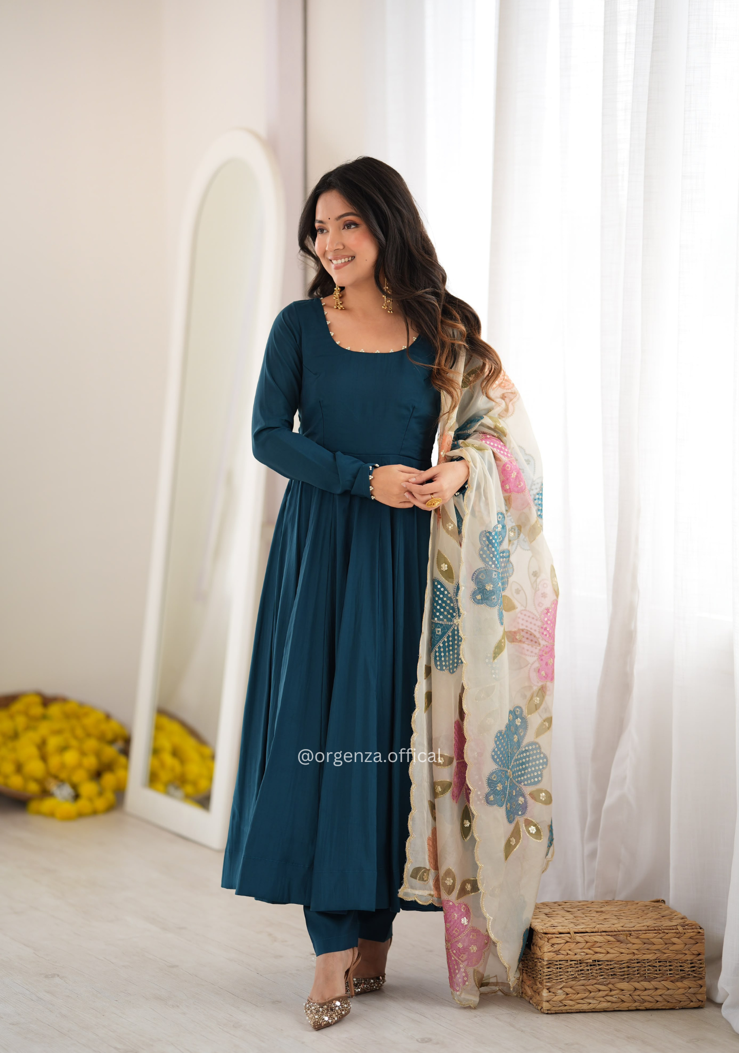 Teal Blue Roman Silk Anarkali Suit Set