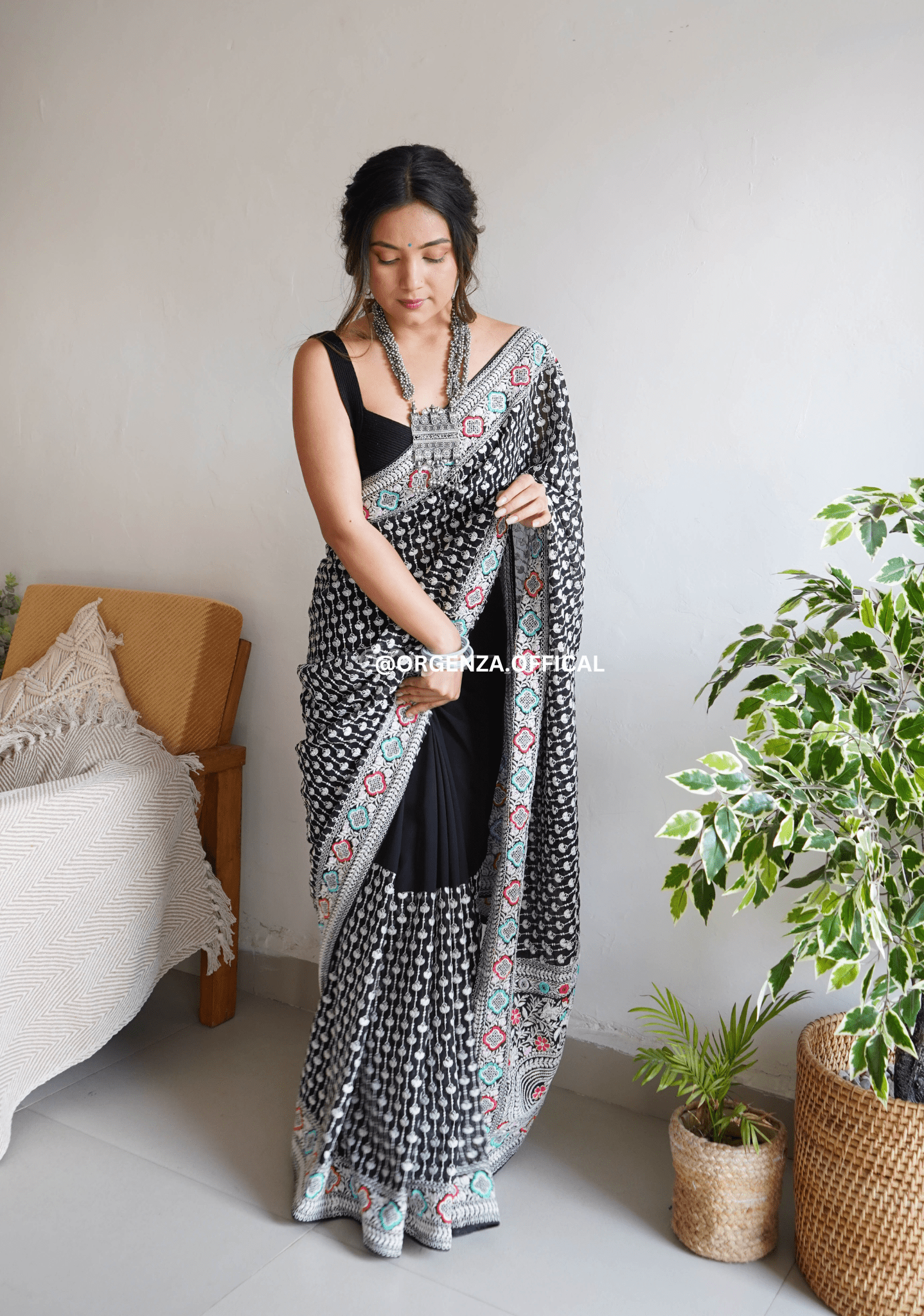 Black Pure Georgette Silk Saree With Embroidery Work - Orgenza Store - digisoch