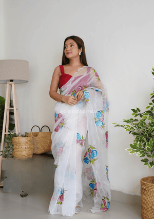 White Hand Print Organza Saree - Orgenza Store - digisoch