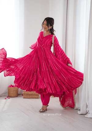 Mal Chanderi Mirror Work Ruffle Gown Set with Dupatta – Fully Stitched - Orgenza Store - digisoch