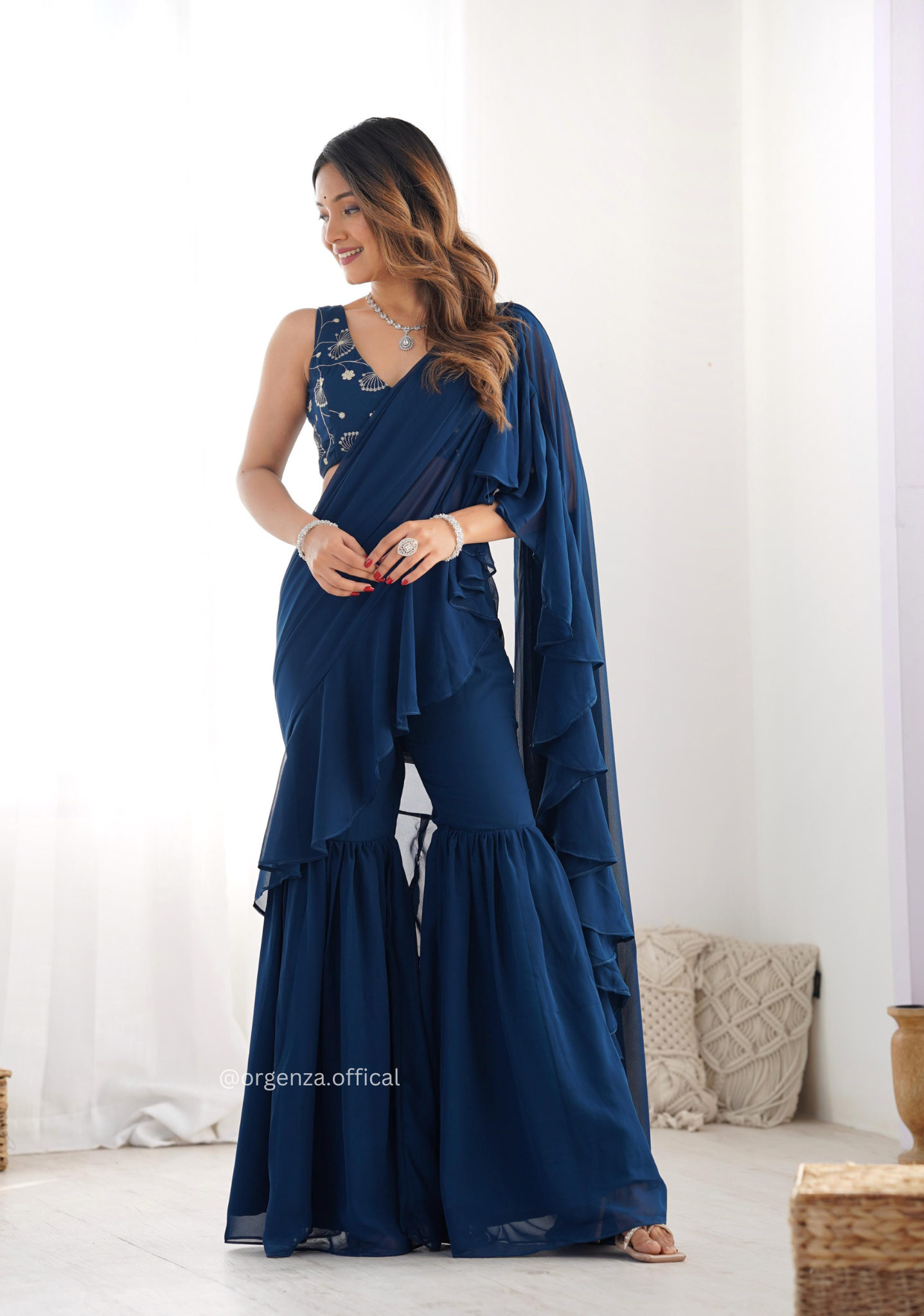 Ready To Wear Teal Blue Colour Sharara Saree - Orgenza Store