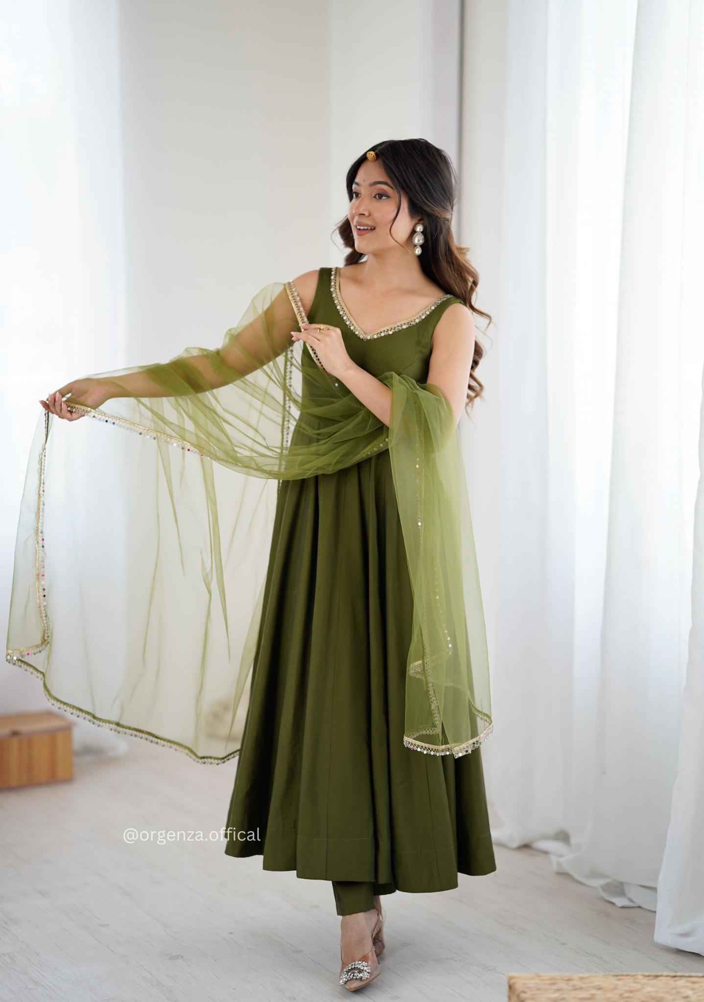 Green Colour Roman Silk Chanderi Anarkali Kurti