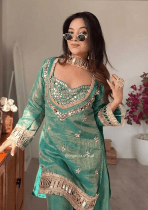 Premium Fendy Silk Sharara Suit Set with Real Mirror Work & Lace Border - Orgenza Store