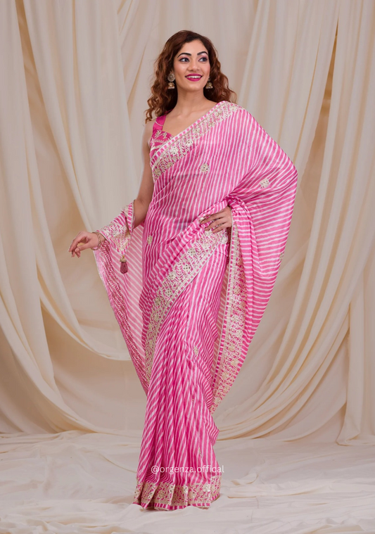 Baby Pink Colour Chinnon Digital Print Saree