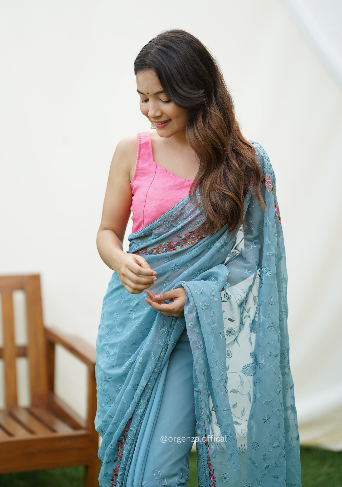 Sky Color Embroidery Work Heavy Georgette Silk Saree With Running Blouse - Orgenza Store