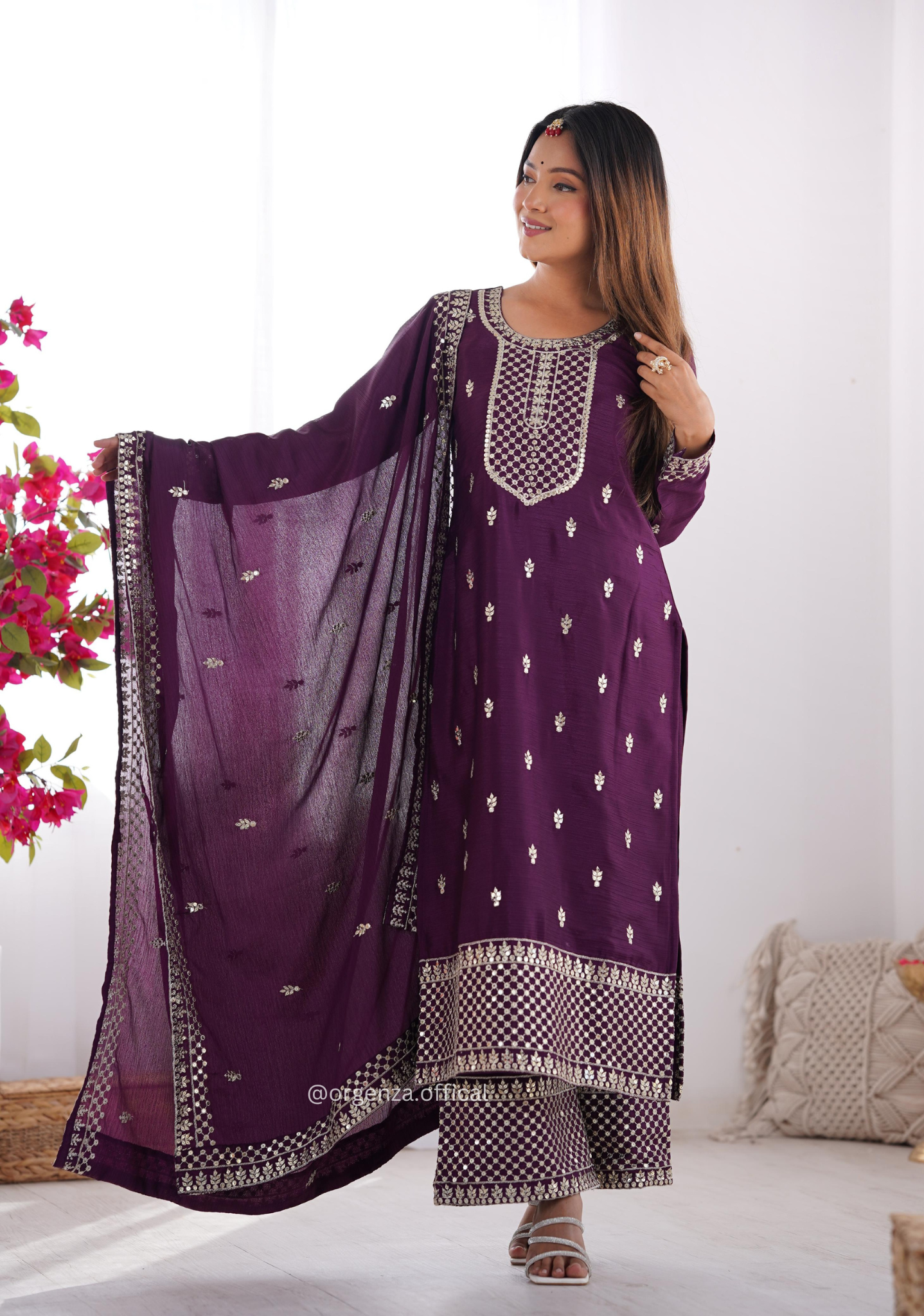 Chinon Silk Fabric Straight Fit Kurta With Dupatta Set - Orgenza Store